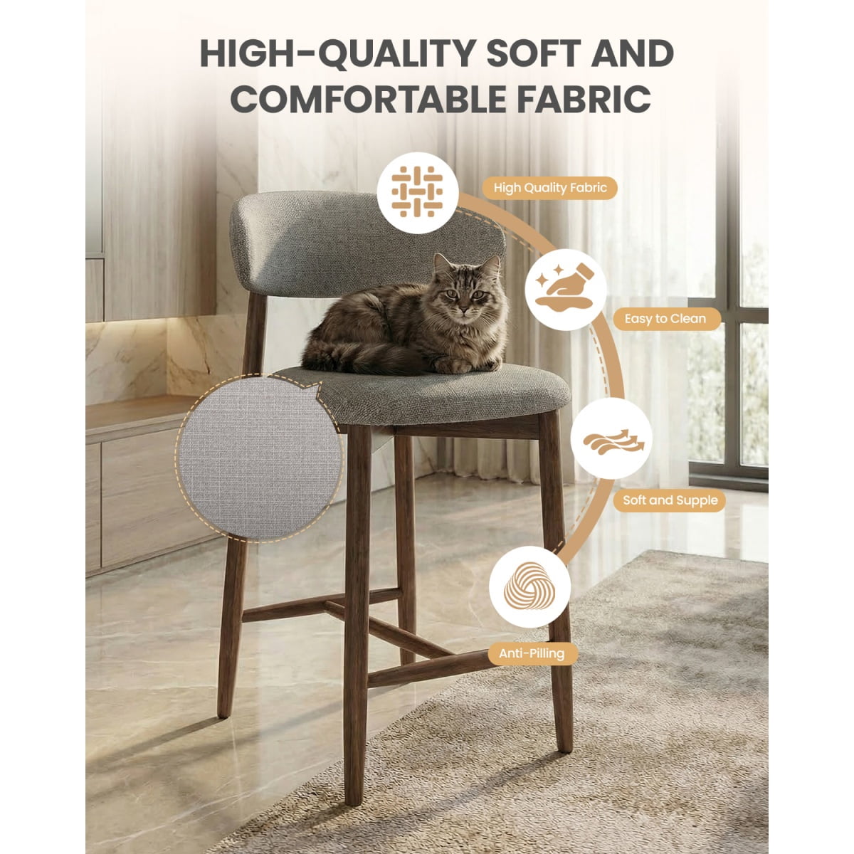 EOP Upholstered Counter Height Bar Stool with Back, Modern Kitchen Island Stool, Wood Leg Bar Chair for Kitchen Island Dining Room Bar Counter, Light Gray