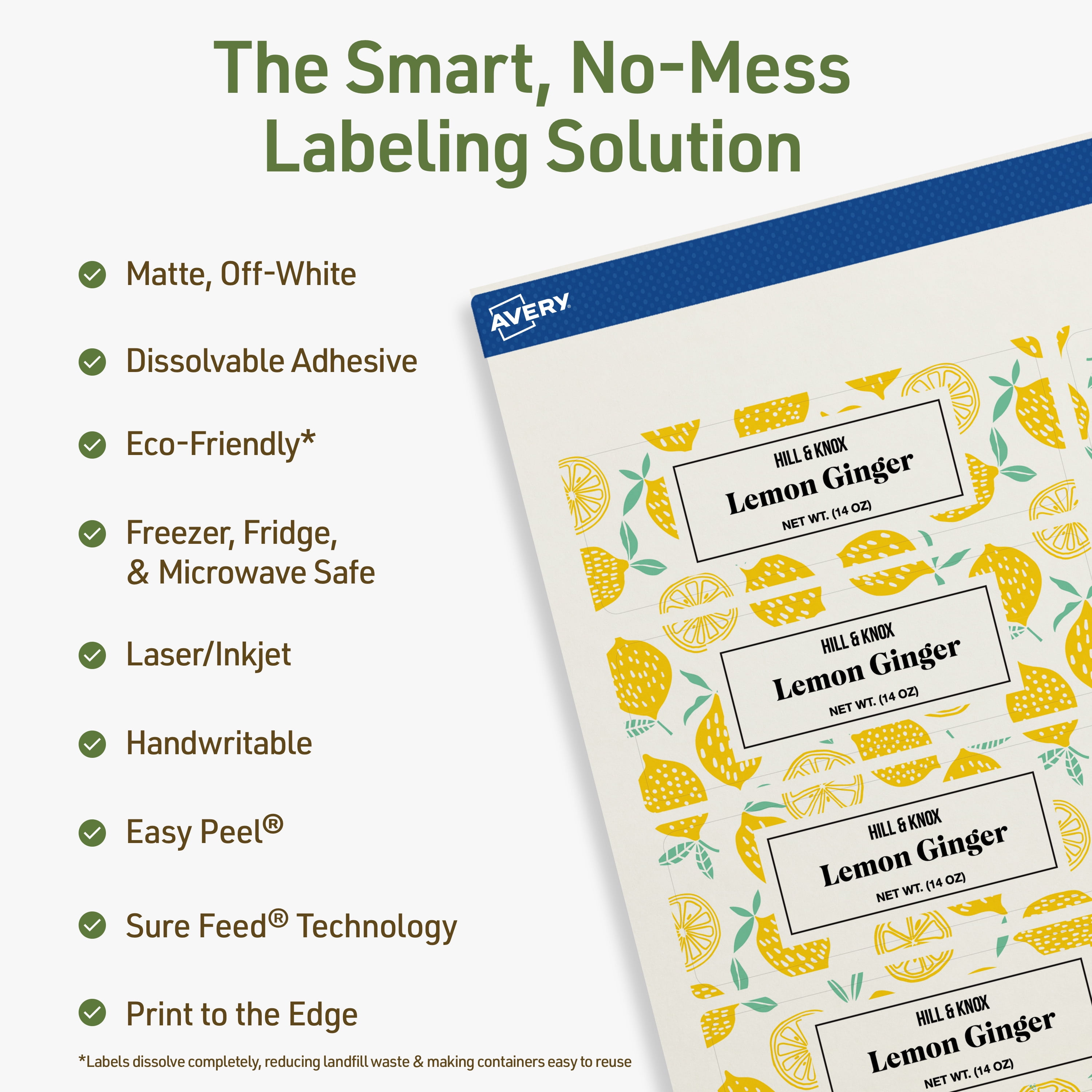 Avery Dissolvable Rectangle Labels, 1.25" x 3.75", 120 Labels