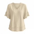 thumbnail image 4 of Linen Shirts for Women Summer Short Sleeve Loose Casual V Neck Raw Distressed T Shirt Lightweight Beach Tops, 4 of 5