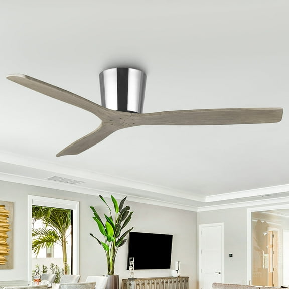 Parrot Uncle 54" Modern Chrome Propeller Flush Mount Ceiling Fan without Lights, Solid Wood Blades, Remote Control