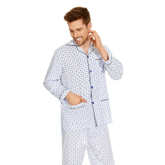 GLOBAL Mens 100% Cotton Pajamas Set Woven Drawstring Sleepwear Set with Top and Pants/Bottoms, 2-Piece Set, Size S