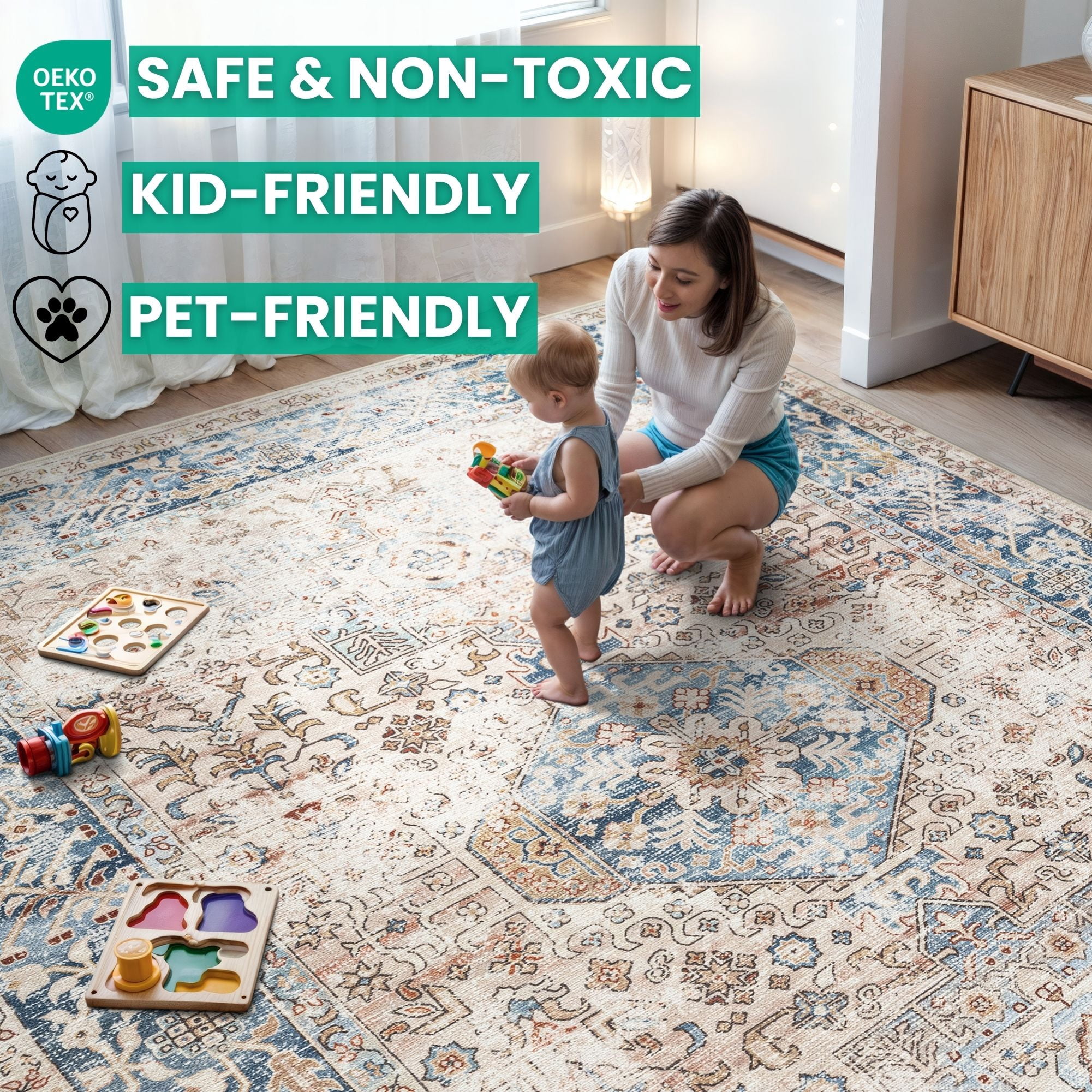 Bloom Rugs Washable Non-Slip 8x10 Rug - Beige / Ocean Blue Traditional Oriental Area Rug for Living Room, Bedroom, Dining Room, and Kitchen - Exact size: 8' x 10'