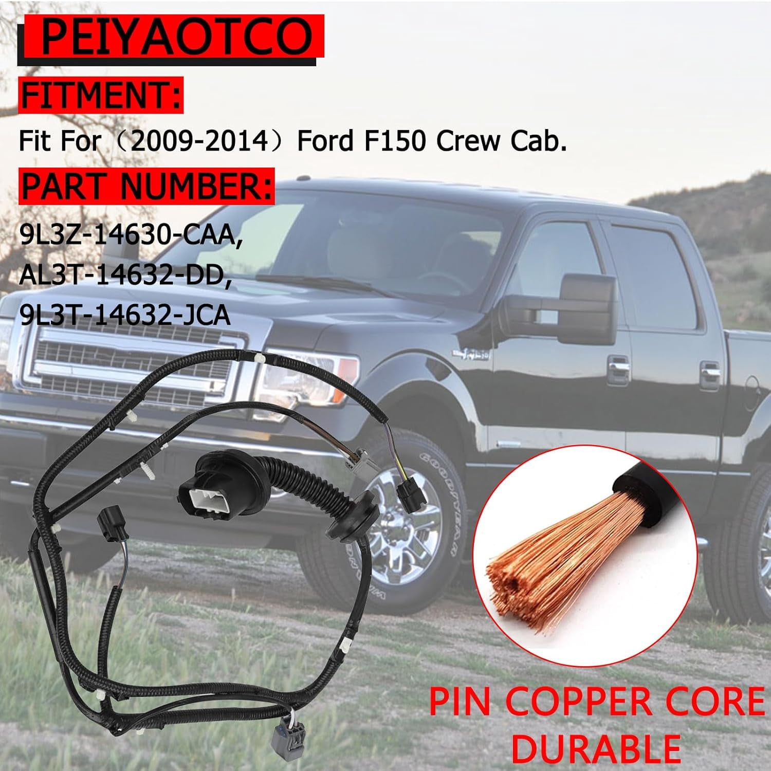 Rear Passenger Side RH Door Jumper Wire Harness Compatible with 2009-2014 Ford F150 Crew Cab Replace# 9L3Z-14630-CAA, AL3T-14632-DD, 9L3T-14632-JCA