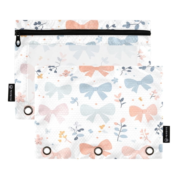2 Pack 3 Ring Binder Pouch with Clear PVC Window Water Resistant Zipper Pencil Pouch Bowknots Binder Pocket for Classroom Office Home Stationery Organization