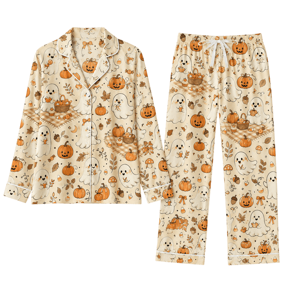 Lotusprint LLC Cute Pumpkin Ghost All-over Print Matching Pajamas Set, Multicolor, Halloween Ghost Long Sleeve Sleepwear