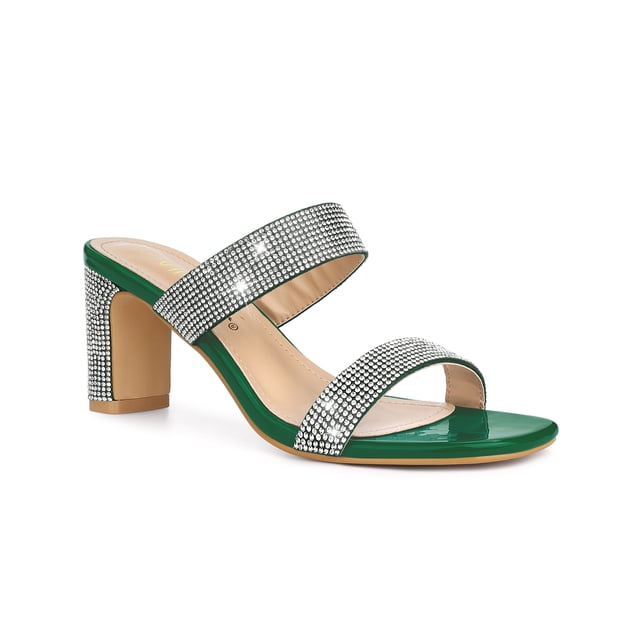 BLISSFUL STEP Women's Shoes Rhinestone Chunky Heel Square Toe Slide Sandals Green 7.5