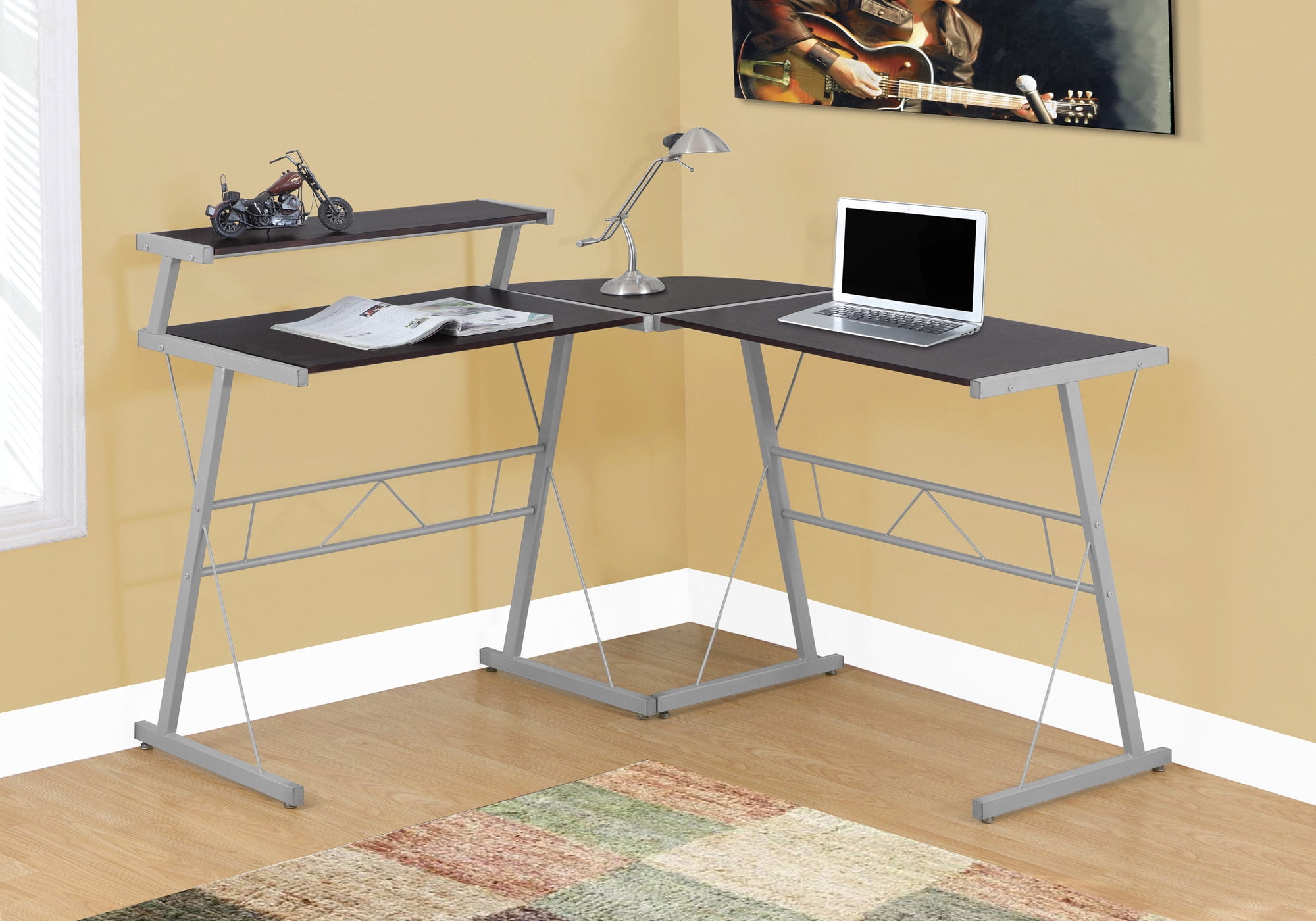48 Inch L Shaped Brown Computer Desk with Monitor Shelf and Grey Metal Frame