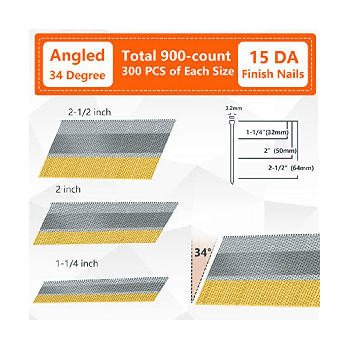SITLDY 15 Gauge DA Angled Finish Nails, 34-Degree, 900-Pack (2-1/2...