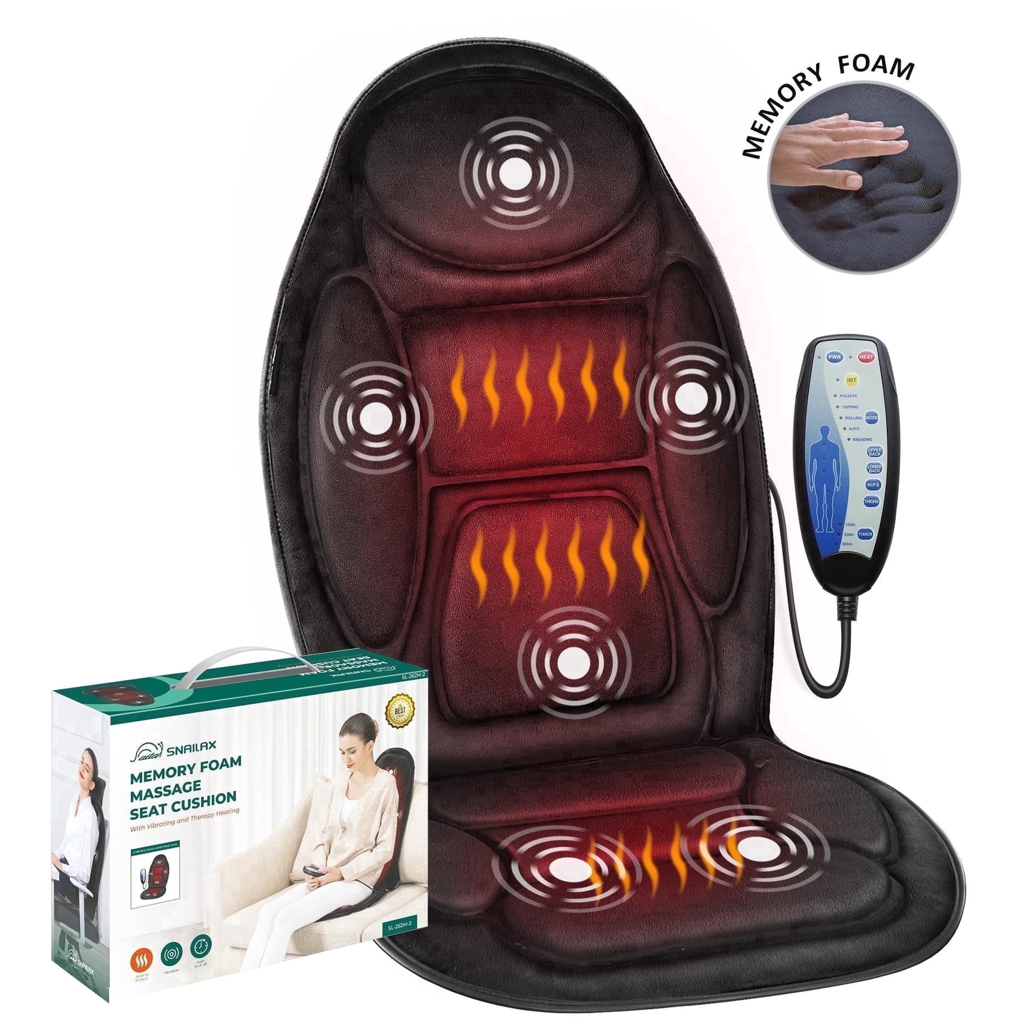 Snailax Back Massager with Heat, Soothing Memory Foam Massage Chair Pad for Home Use
