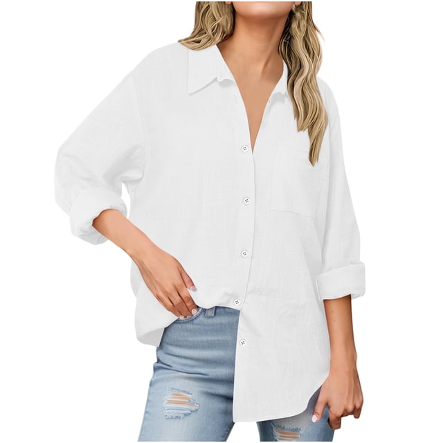 Womens Cotton Linen Button Down Shirts Boyfriend Long Sleeve Oversized Lapel Blouses Tops with Chest Pocket