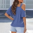 thumbnail image 5 of Womens Tops Plus Size Short-Sleeved Round Neck Solid Color Off-Shoulder Summer Casual Outer Wear Loose Shirt Blue XL, 5 of 6