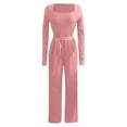 thumbnail image 5 of sususu Women's Jumpsuit Long Sleeve Square Neck Belted Wide Leg Romper Outfit Elegant Casual Loose Overalls,Pink,L, 5 of 5