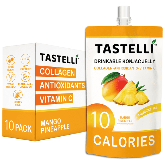Tastelli Konjac Jelly Infused with Collagen & Vitamin C | Gluten Free, Sugar Free, Low Calorie | Vegan Drinkable Fruit Jelly Snack | Mango Pineapple | 150mL x 10 Pouches