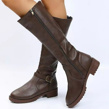 

Women s Winter Leather Belt Buckle High Tube Flat Head Solid Color Back Zipper Warm Boots Shoes