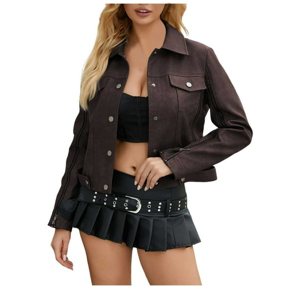 Bmisegm Women Fashion Zipper Motorcycle Jacket Long Sleeve Cardigan Leather Jacket Jackets for Women Brown S