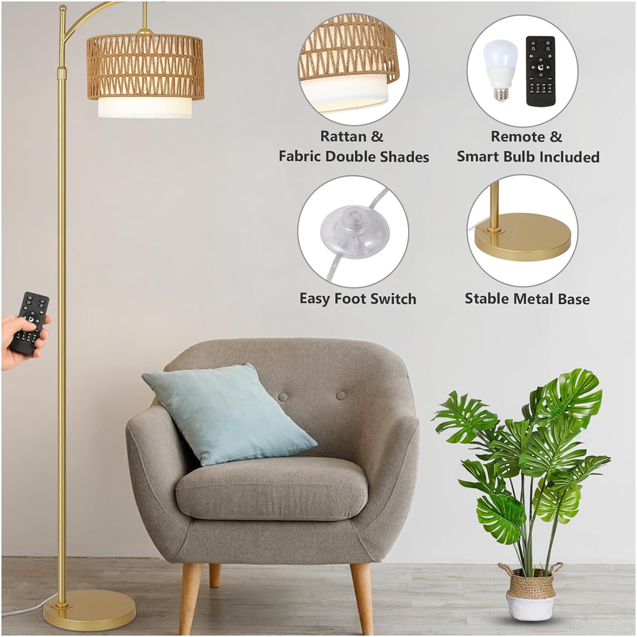 JERFIT Modern Arc Floor Lamp with Remote, Dimmable LED Bulb, Rattan & Fabric Shade for Living Room Bedroom