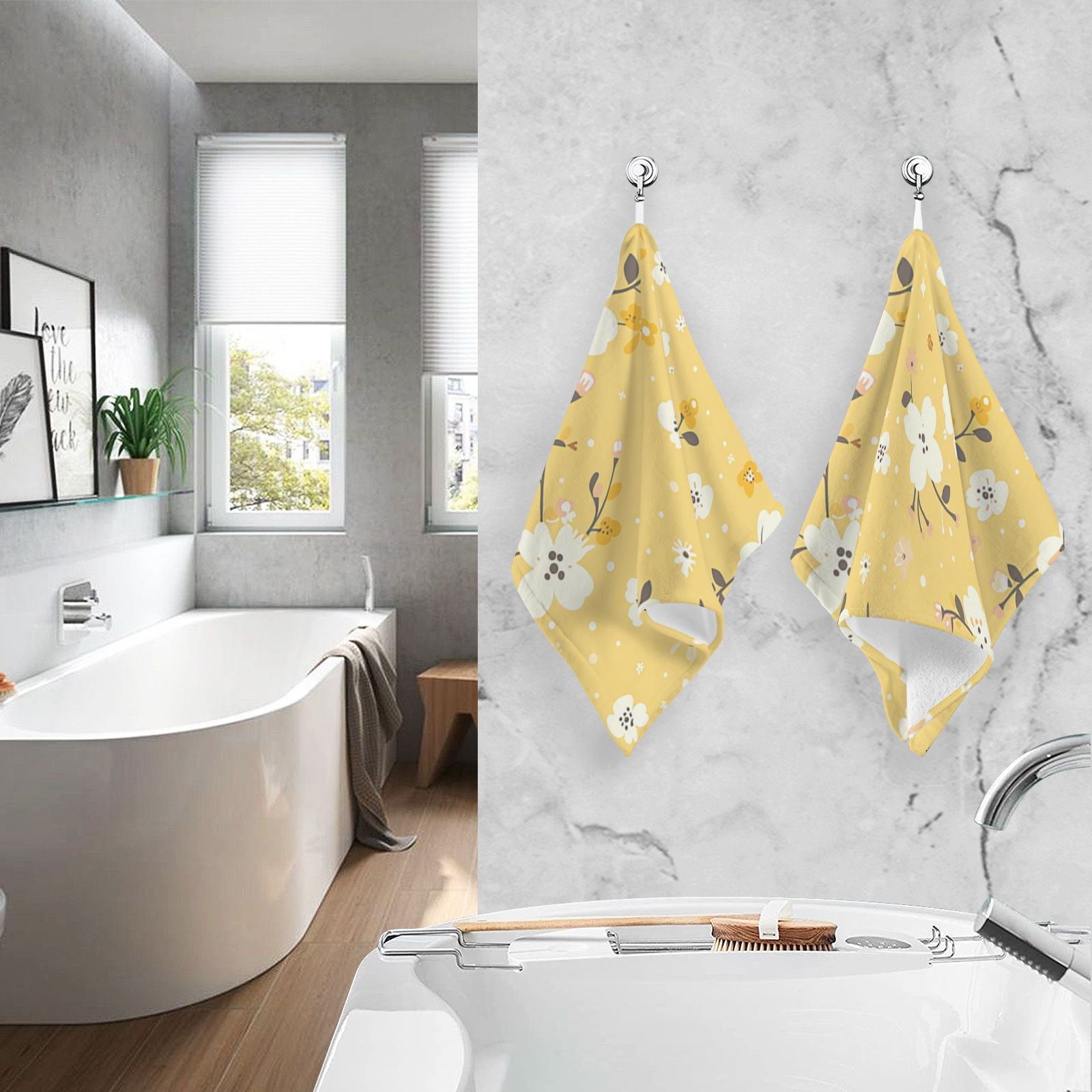Yellow Floral Hand Towels Cotton Bath Towels Large Face Towels Absorbent for Bathroom 2 Packs