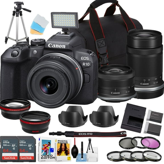 Canon EOS R10 Mirrorless Camera w/18-45mm and 55-210mm Lens   2pc 64GB Sandisk Ultra Memory Card   Camera Case   More (18pc Bundle)