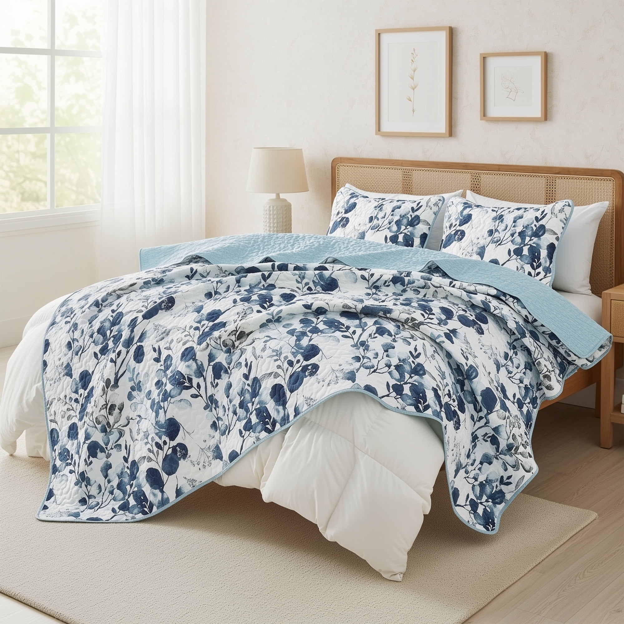 Regency Heights Twin Botanical Quilt Set for Dorm, 2-Piece Reversible Floral Summer Quilt Coverlet Bedding Set, Blue Quilted Bedspread with Sham for All Season