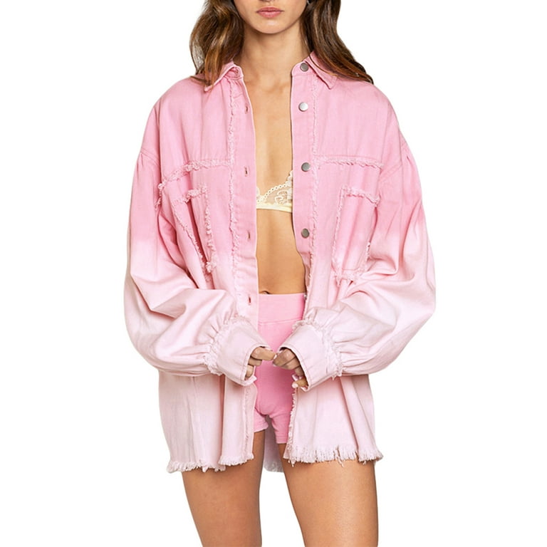 CenturyX Women s Oversized Mid Long Denim Jacket Tie Dye Biker Coat Casual Long Boyfriend Distressed Lapel Long Sleeve Jean Jacket Pink L