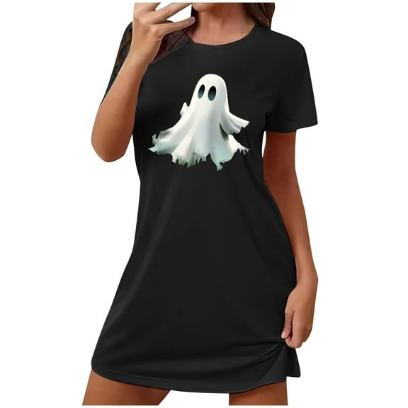 MuZeFu Womens Dresses Short Sleeve Clearance halloween nightgowns for women Women's Oversized Short Nightgown Fashion Chest Print Short Sleeve Nightdress