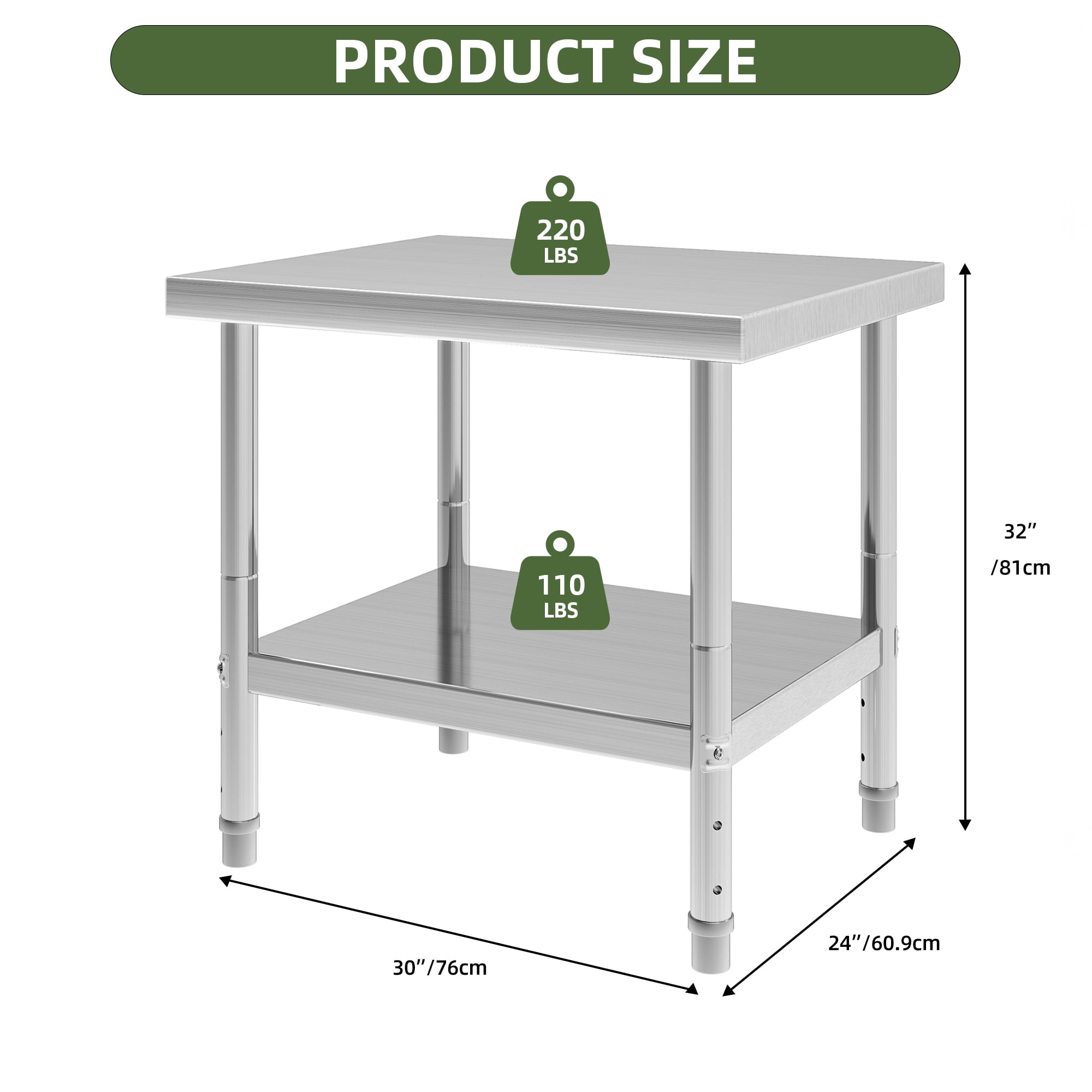 Uforic 30" x 24" Wide Stainless Steel Adjustable Work Table for Home Kitchen, Restaurant, Garage, Warehouse, and Outdoor Use
