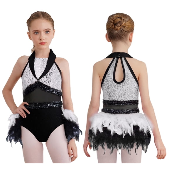Aislor Girls Feather Ballet Dance Dress Tulle Skirted Leotard Jazz Latin Ballroom Dancewear Hip Hop Clothes White 10