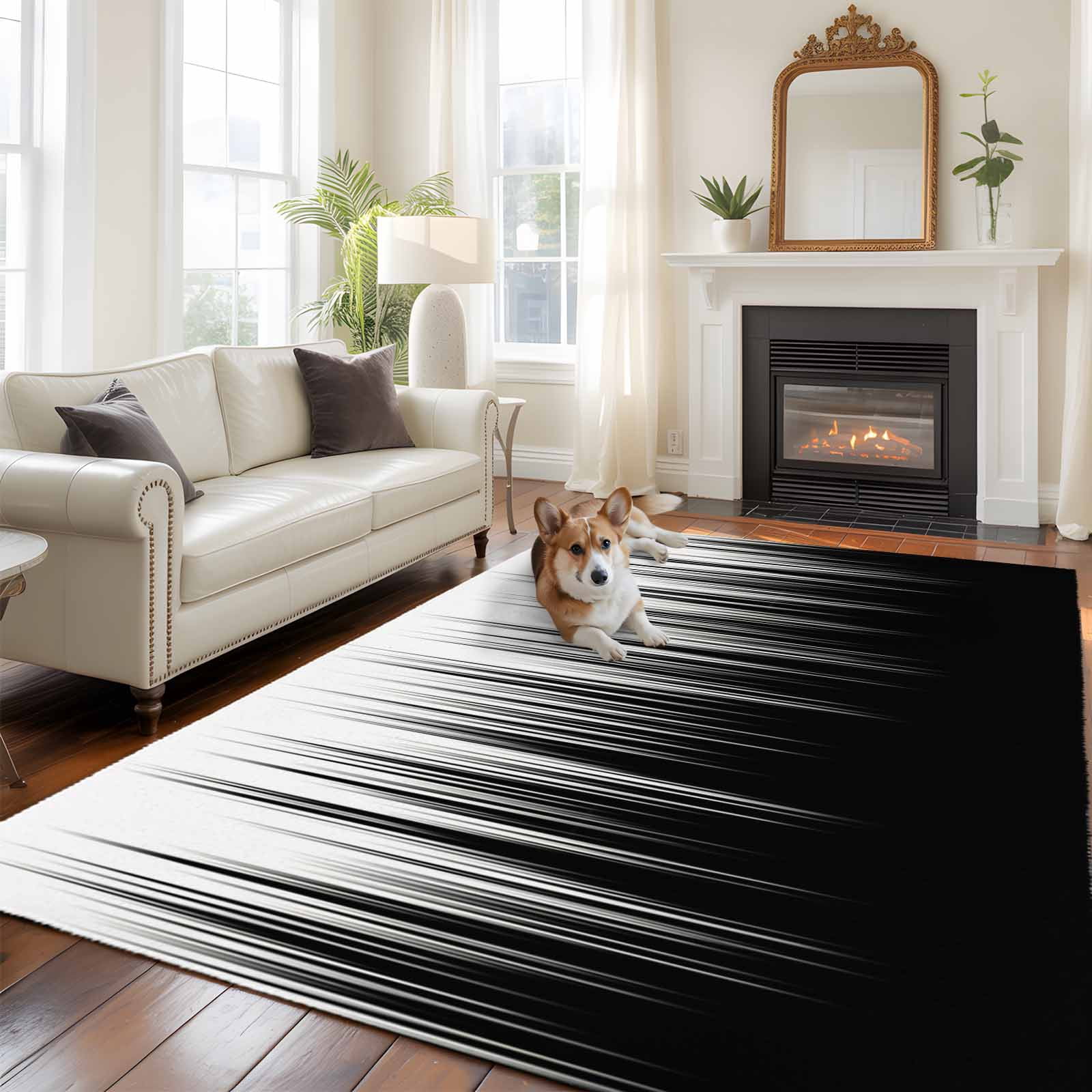 Rectangle Area Rugs 6 x 9 Ft, Black White Non-Slip Residential Carpet, Modern Geometric Abstract Gradient Striped Indoor Crawling Mats Runner Rugs for Living Room/Dining Room/Bedroom