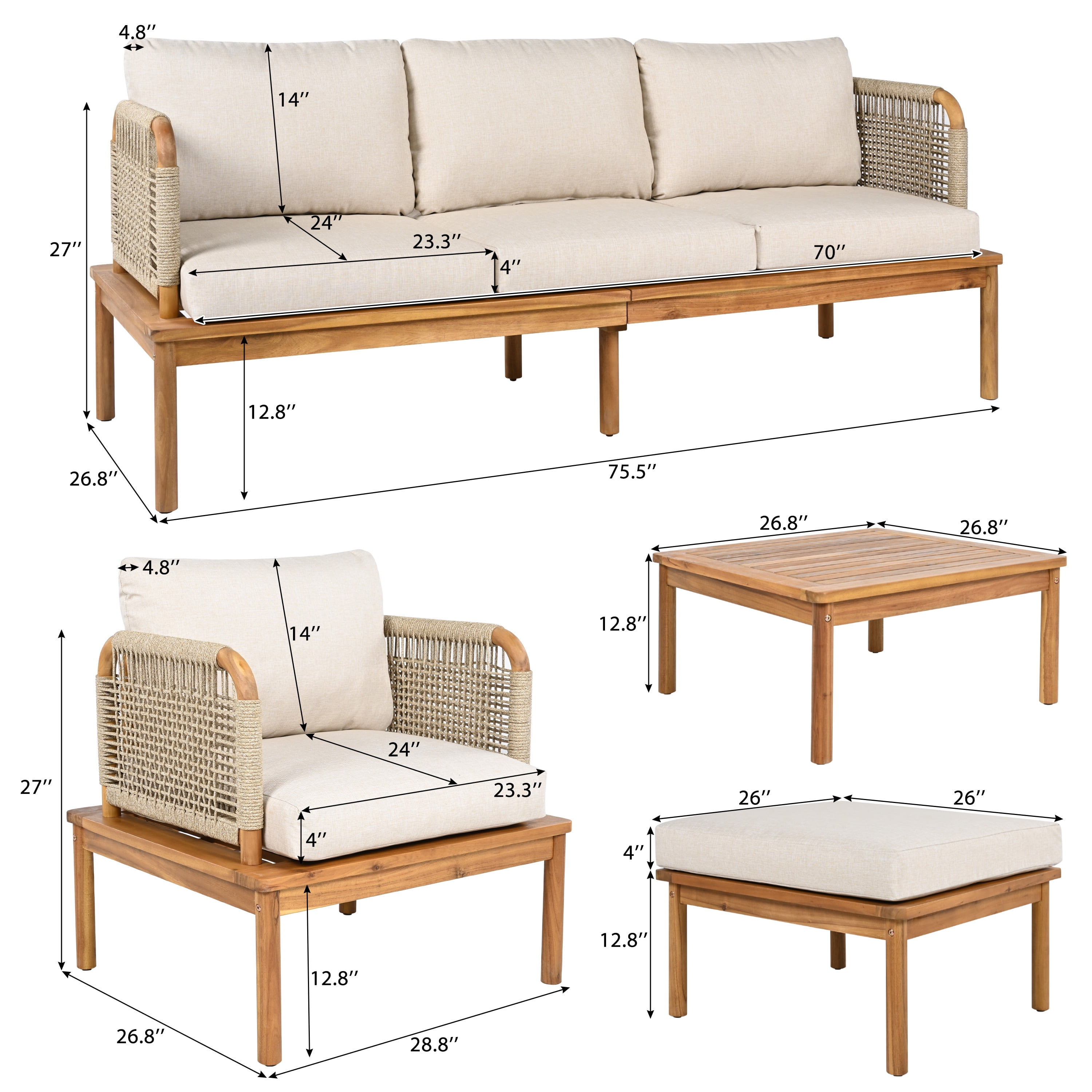 Outdoor 4-Piece Acacia Wood & Rope Patio Sofa Set, Complete Seating with Ottoman, Coffee Table & Club Chair for Garden Backyard, Teak+Beige