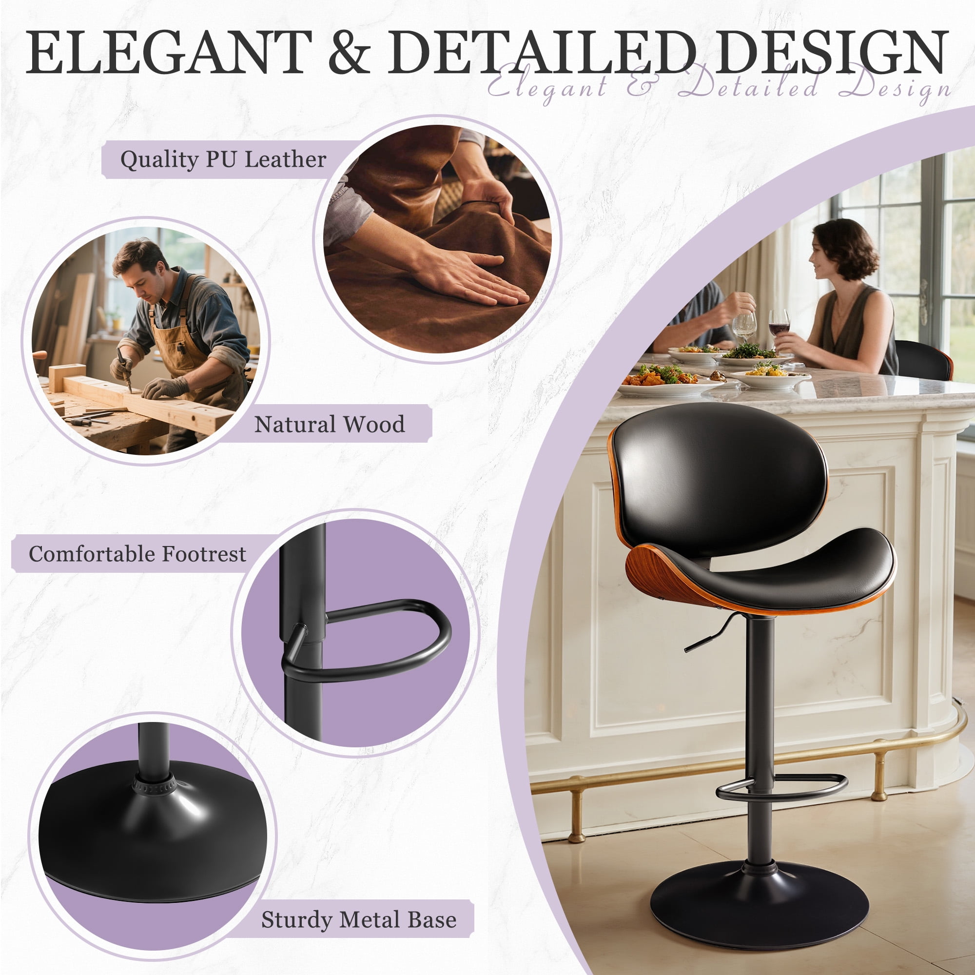 Homall Bar Stools Set of 2 Swivel Counter Height Bar Chairs Upholstered Bentwood Barstools with Back and Footrest for Kitchen, Coffee Bar, Black
