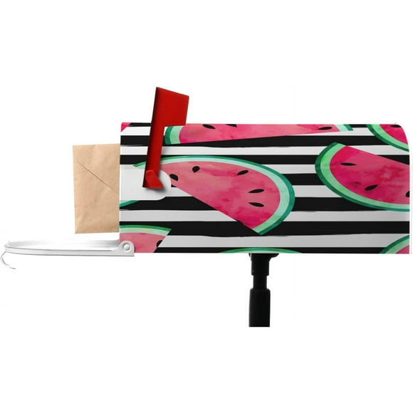 Mailbox Post Cover Watermelon Pieces Magnetic Mail Covers Post Box Cover Wrapped with Standard Size 21" L×18" W Garden Decorations Red Sweet Fruit Summer Striped Background Fun Mood