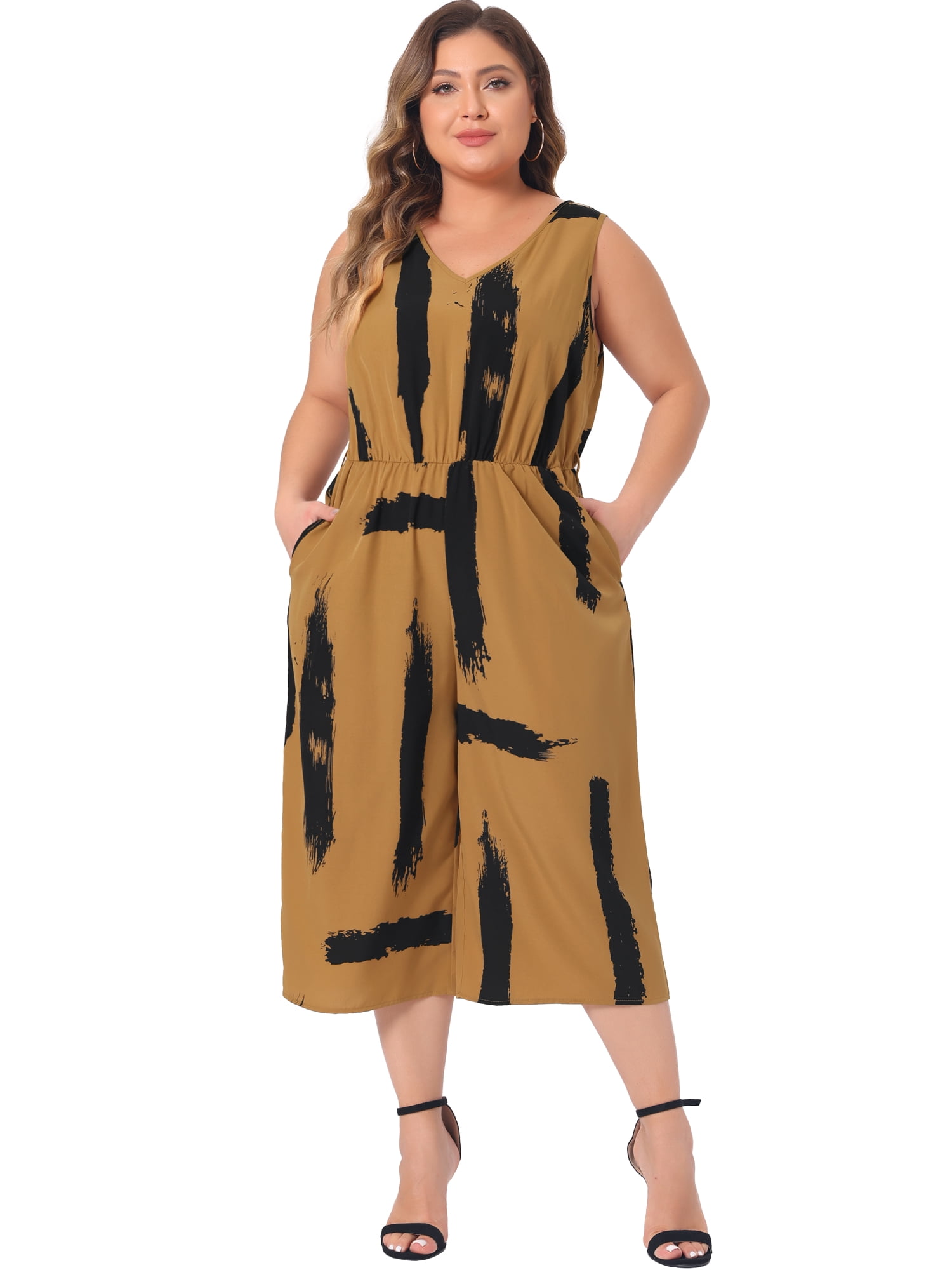 DARING DIVA Women's Plus Jumpsuit V Neck Tie Waist Rompers with Pockets 4X Brown
