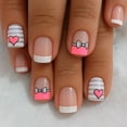 thumbnail image 2 of 24 Pieces Set, Short Square Fake Nails, with White and Pink Striped Fingertips and Bowknot Love Group Design, Perfect for Valentine's Day Party, Dance and Daily Wear, Removable and Reusable, 2 of 5