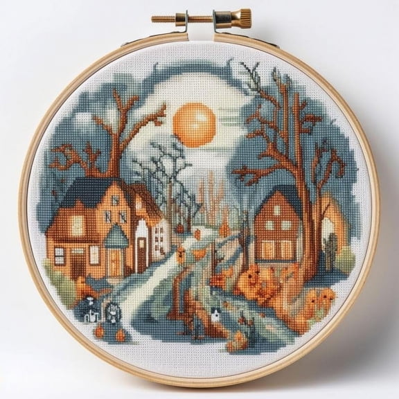 Counted Easy Cross Stitch Kits Halloween of Ghost Color Stamped Embroidery for Starter Kits DIY 11CT Stamped Patterns Embroidery Needlework Kit Supplies 12 Inch Hoop Included(22-X)