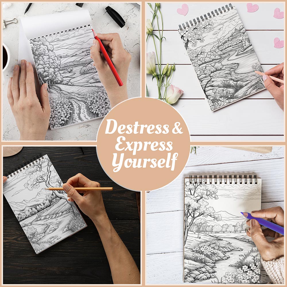 Netecom Spring Scenes Coloring Book Spiral Bound For Adults, A5 Wooden Cover, 30 Delightful Coloring Pages of Blooming Landscapes and Peaceful Gardens for Relaxation and Stress Relief