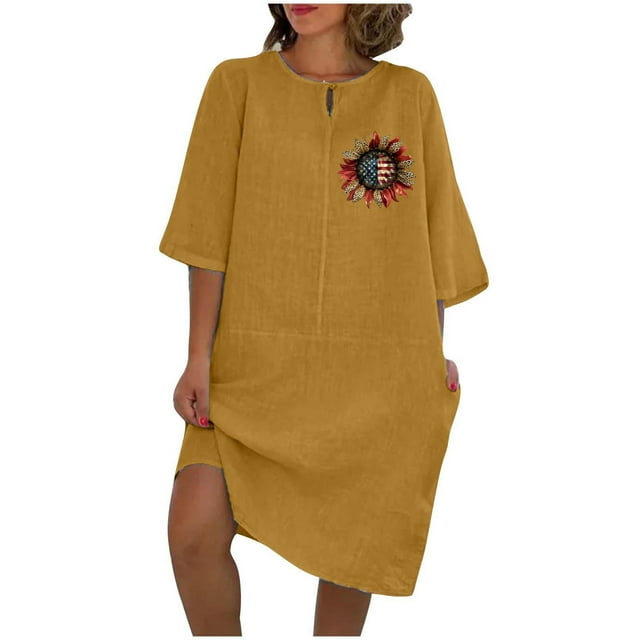 Vestido de Verano para Mujeres Color Sólido Imitación de Lino Cuello Redondo, Manga Corta Estilo Casual para el Uso Diario, Fiesta Y Primavera