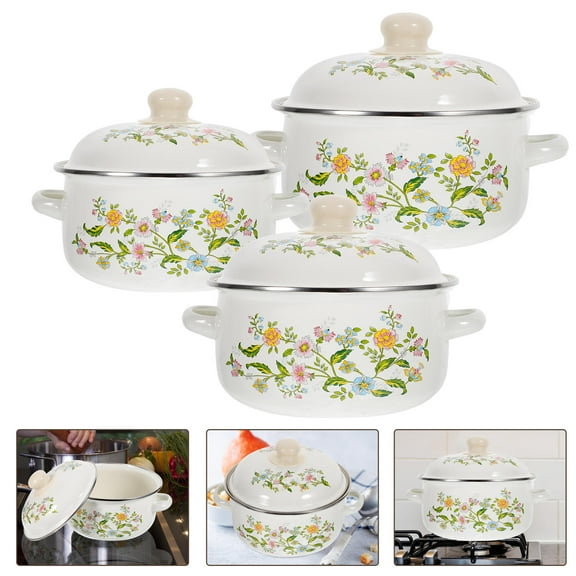 OUNONA 3-Piece Enamel Cookware Set Multi-Color Pots for Daily Cooking Soup Boiling and Stewing