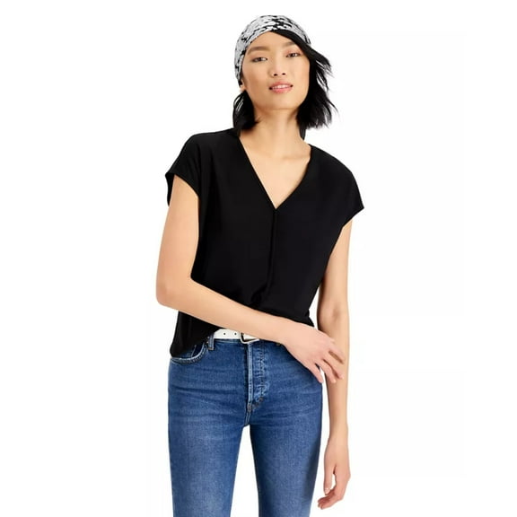 Bar III Women's Seamed V-Neck Top – Black, Size - XXS