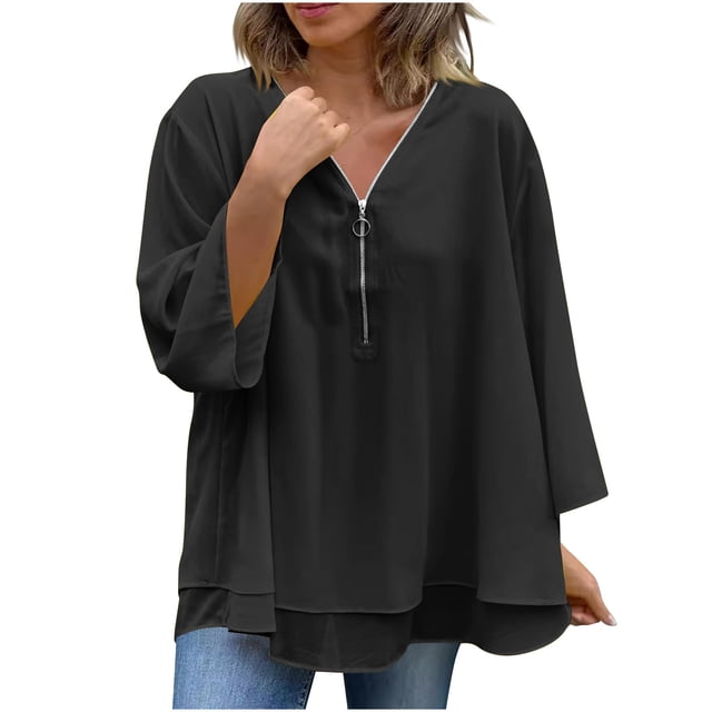 Timegard Flowy Tops for Women Plus Size Zipper V Neck Solid Color Blouse Beach Travel Loose Tops Fall