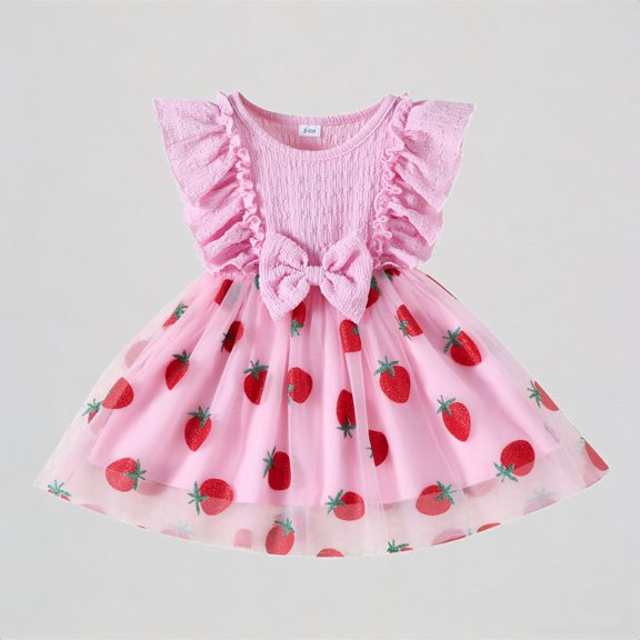 REDARER Girls Flutter Sleeve Dress with Strawberry Print Tulle Skirt & Bowknot Detail Princess Party Outfit,3-6 Months