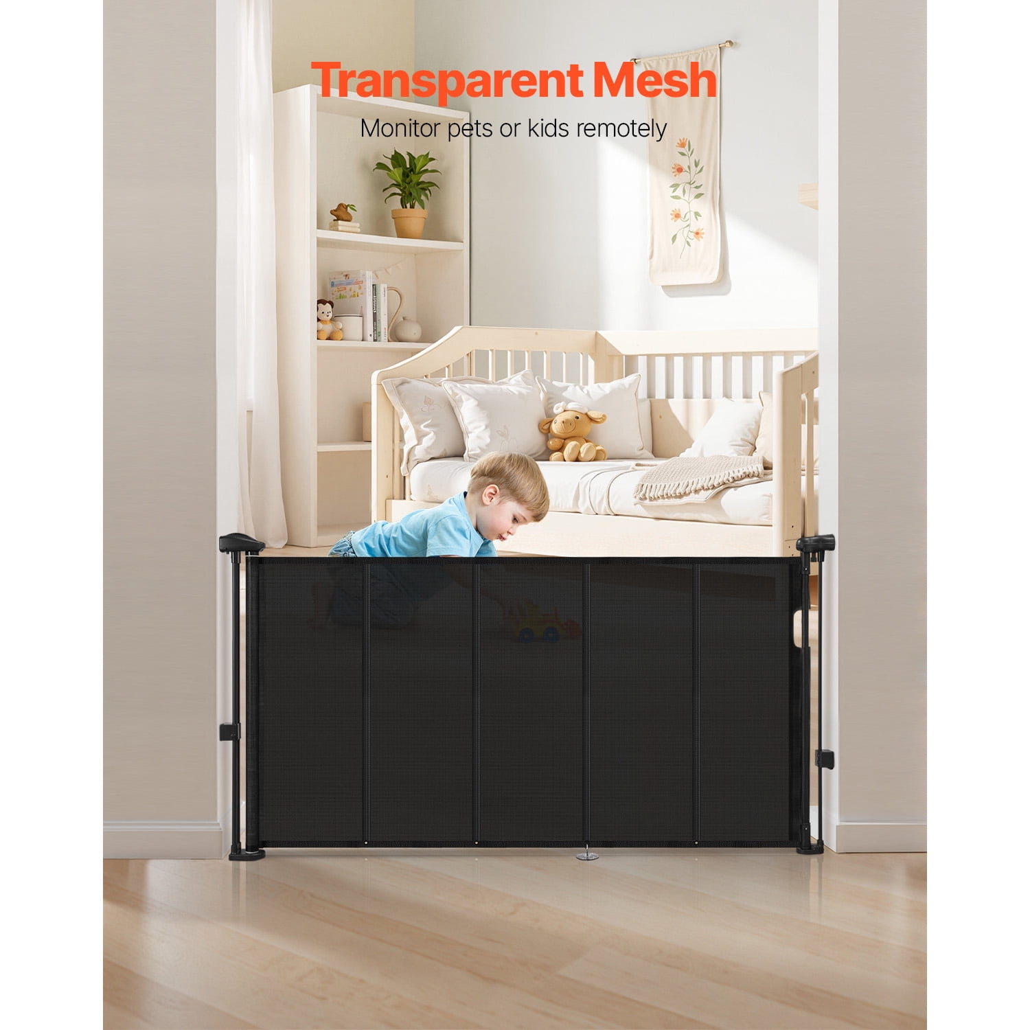 KFFKFF Retractable Baby Gate, 34 inches High, Expands up to 55 inches Wide, Mesh Barrier for Children or Pets, Simple Installation for Stairs, Doorways, Hallways, and Play Areas, Black