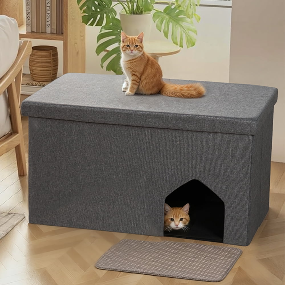 Cat Litter Box Enclosure Hidden Furniture, DOMIPET Foldable Cat Washroom Bench with Storage Space, Large Cabinet Cats Litter Ottoman for Odor Control, Dog Poof