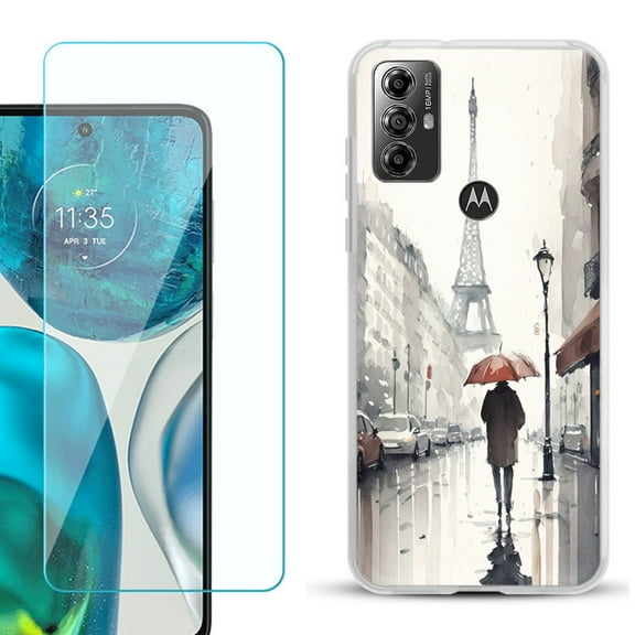 OneToughShield ® for Motorola Moto G Play 2023 Shockproof Fashion Phone Case, with Tempered Glass Screen Protector - Paris in the Rain