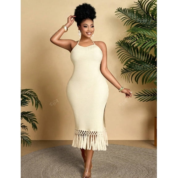 Women's Ivory Halter Neck Bodycon Midi Dress, Sleeveless Open Back Fringe Hem Textured Party Dress with Side Slit