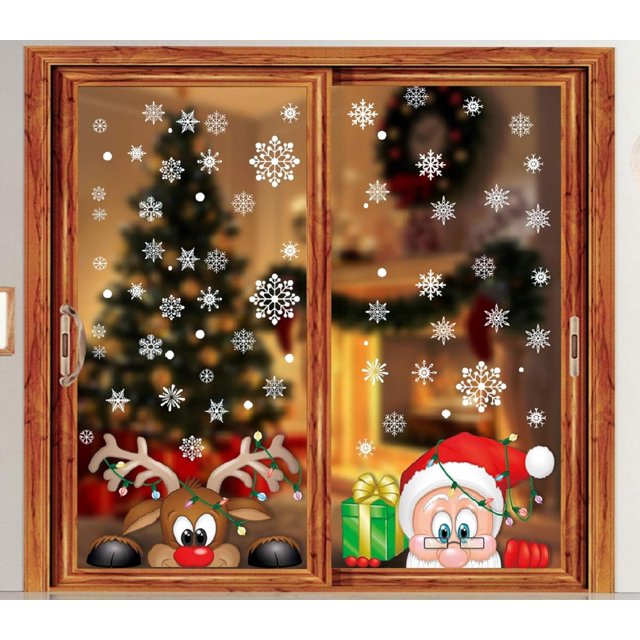 Pegatinas navideñas Copos de nieve Pegatinas para ventanas DIY Papá Noel Lindo Reno Etiqueta de vidrio Calcomanías estáticas reutilizables extraíbles Deco para el hogar/Tienda