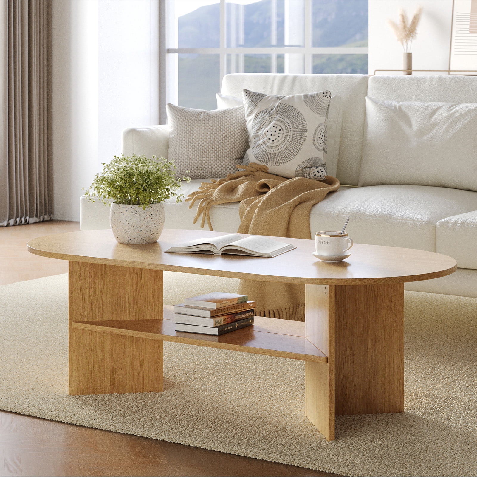 Gelloan 47" Modern Coffee Table,Oval Coffee Table,Double-layer Coffee Table with Sturdy Pedestal for Apartment,Living Room,Bedroom,Natural