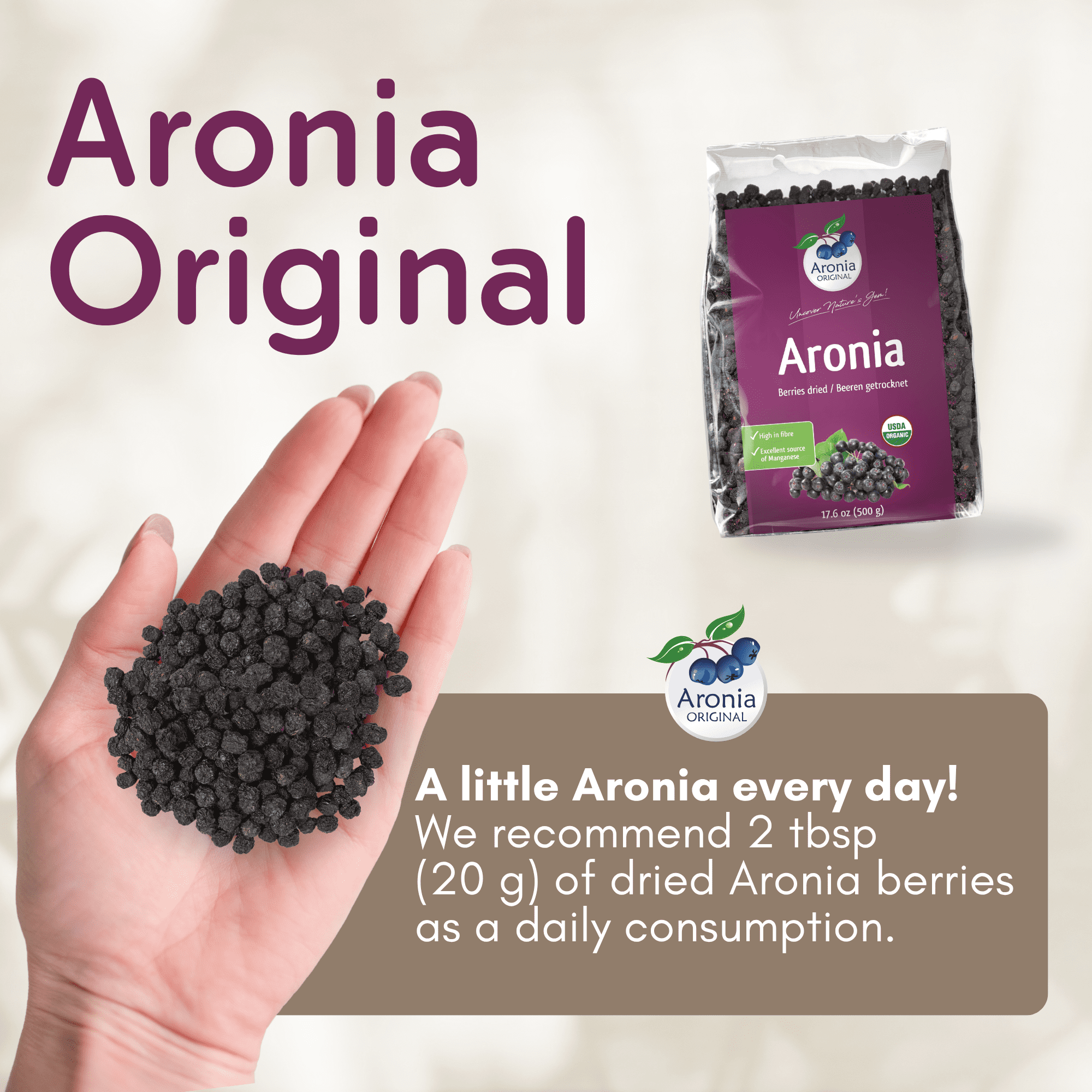 Aronia Original Organic Dried Aronia Berries 17.6 oz (500 g) - Unsweetened Black Chokeberries, Gently Dried After Harvest - Vegan, Non-GMO, No Sulfites or Additives
