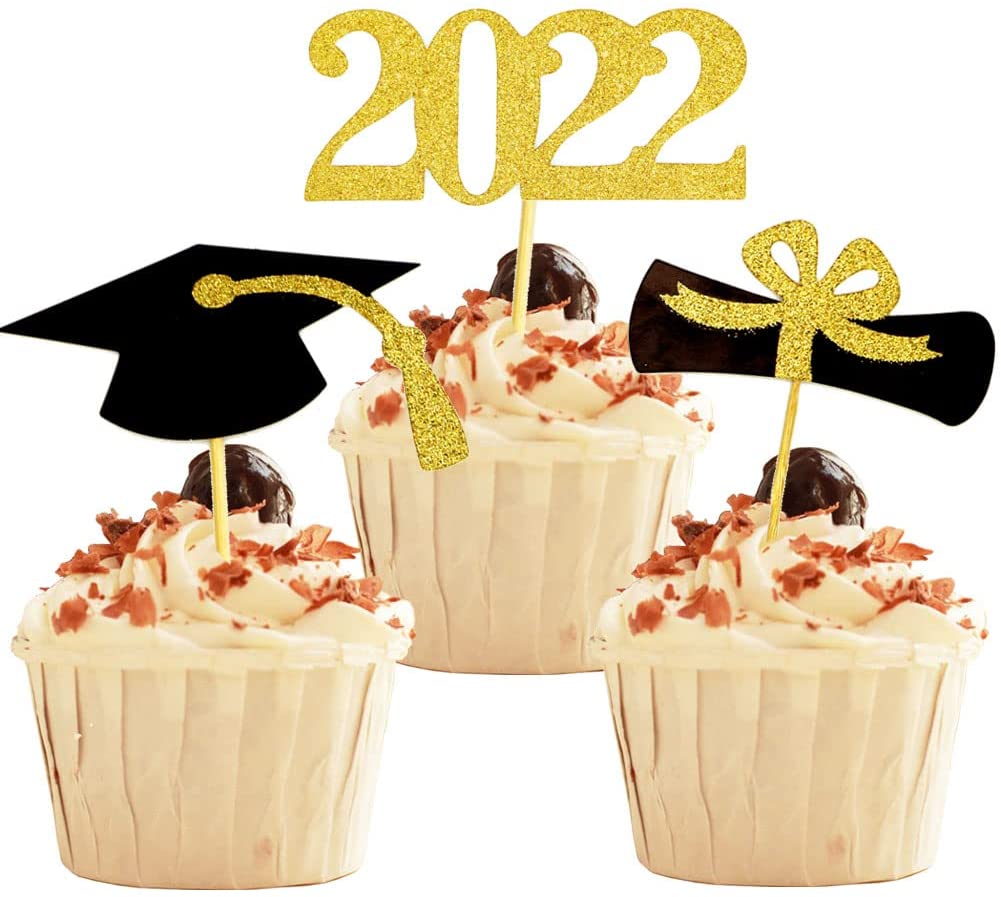 gsped 36 pcs graduation cupcake toppers 2022 graduation decoration glitter class of 2022 food appetizer picks graduation theme party supplies gold mini cake toppers decorations grad cap set walmart com