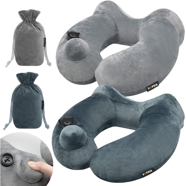 GHSDFBB 2 Pack Self-Inflatable Neck Travel Pillow with Compact Bag and Washable Cover for Sleeping Airplane Soft Velvet Pillow for Long Flight Neck Cushion for Head Support Car Home Office