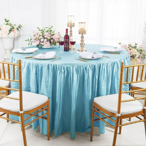Wedding Linens Inc. 6 ft (72") Round Ruffled Fitted Crushed Crinkle Taffeta Tablecloth With Skirt for Party, wedding, events, décor - Baby Blue